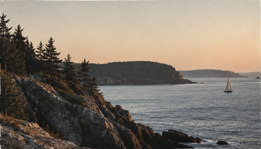 Vintage-style coastal landscape with rocky cliffs and a sailboat